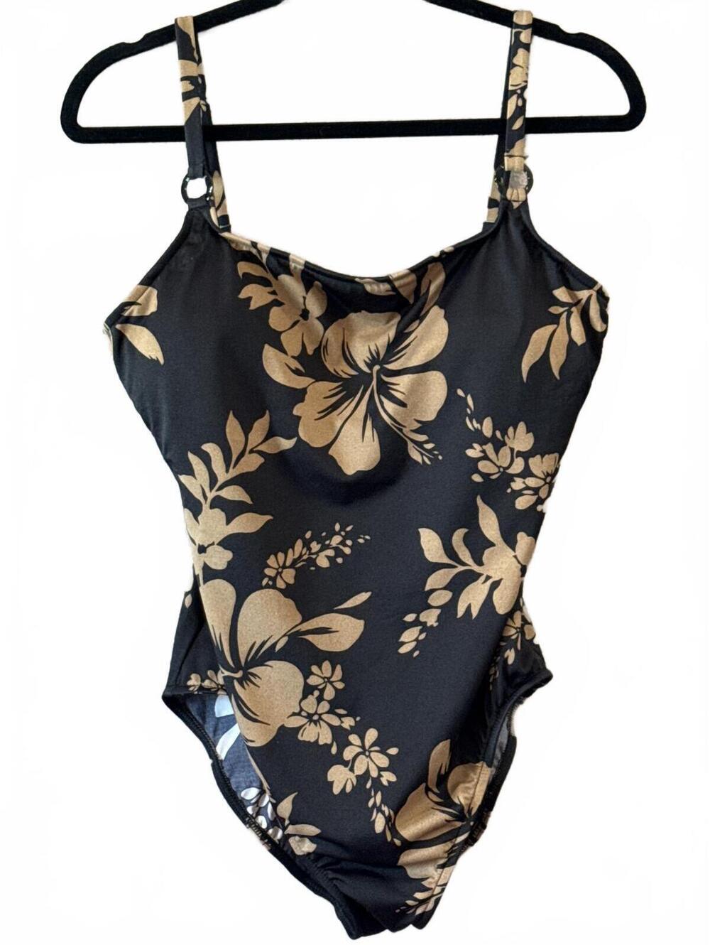 Leilani Black and Beige Floral One-Piece Swimsuit Size 12